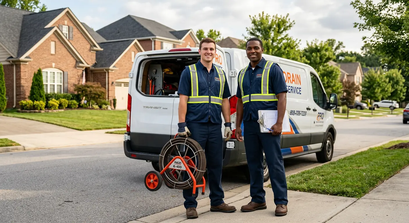 Sewer and drain service team with equipment ready for work in Robeson