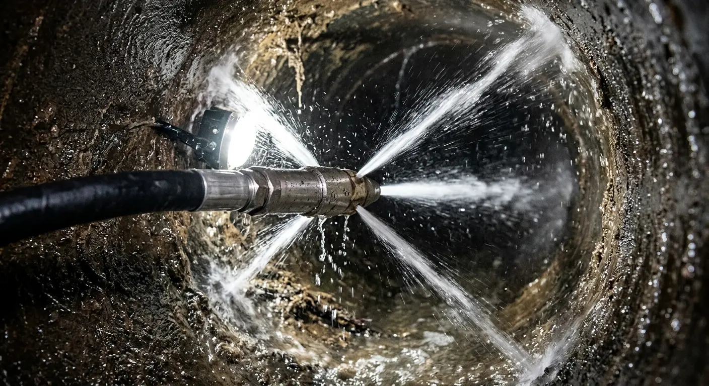 High-pressure hydro jetting nozzle cleaning sewer pipe for Trenchless Sewer Repair in Robeson
