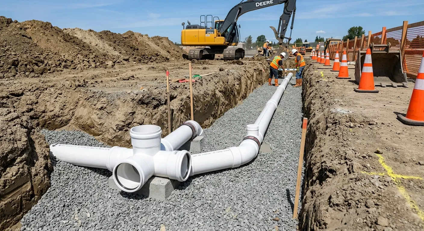 New PVC sewer pipe installation in open trench for Commercial Drain Cleaning in Robeson