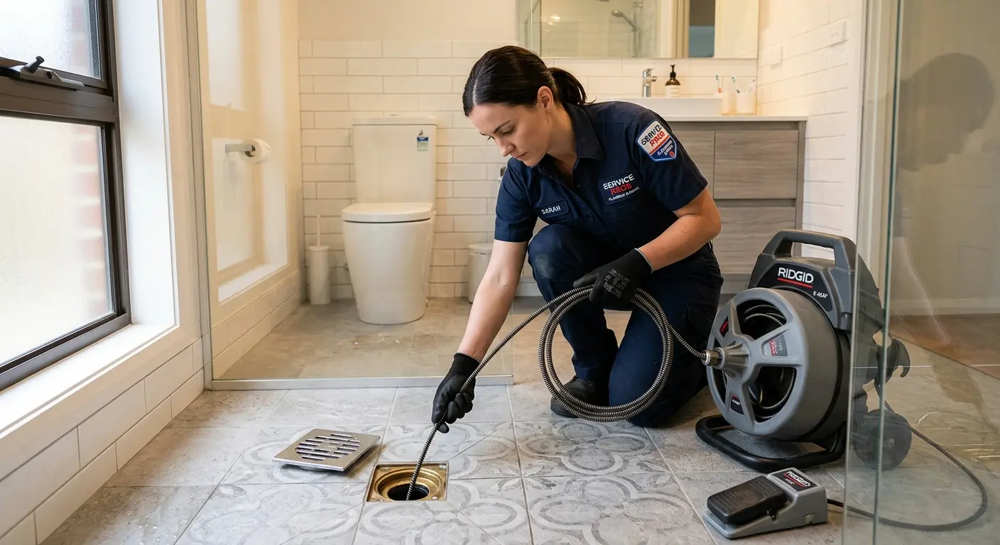 Technician clearing a bathroom floor drain for Clogged Drain Repair in Robeson
